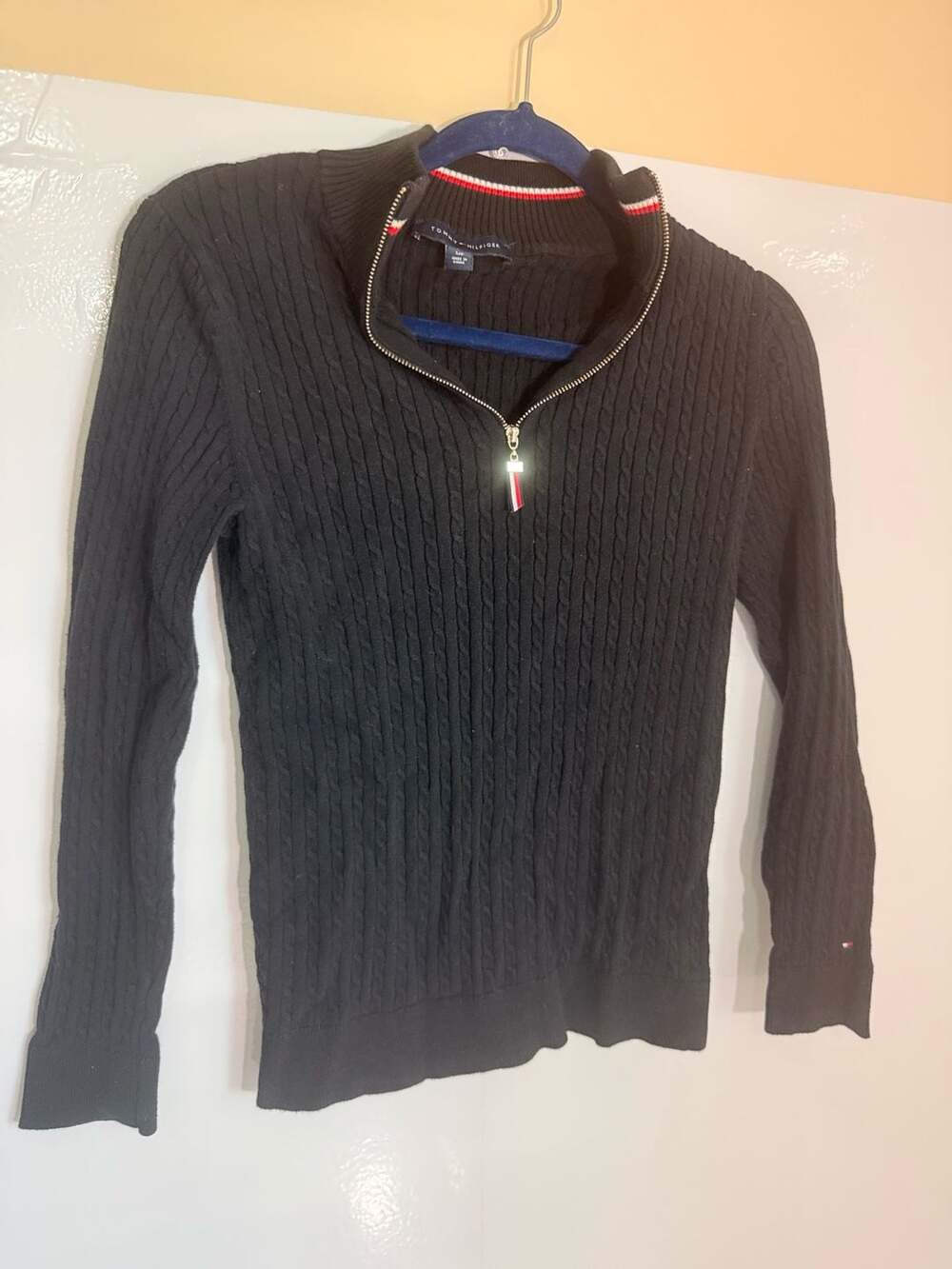 Tommy Hilfiger Women's Black Cable-Knit Half-Zip Mock Neck Sweater